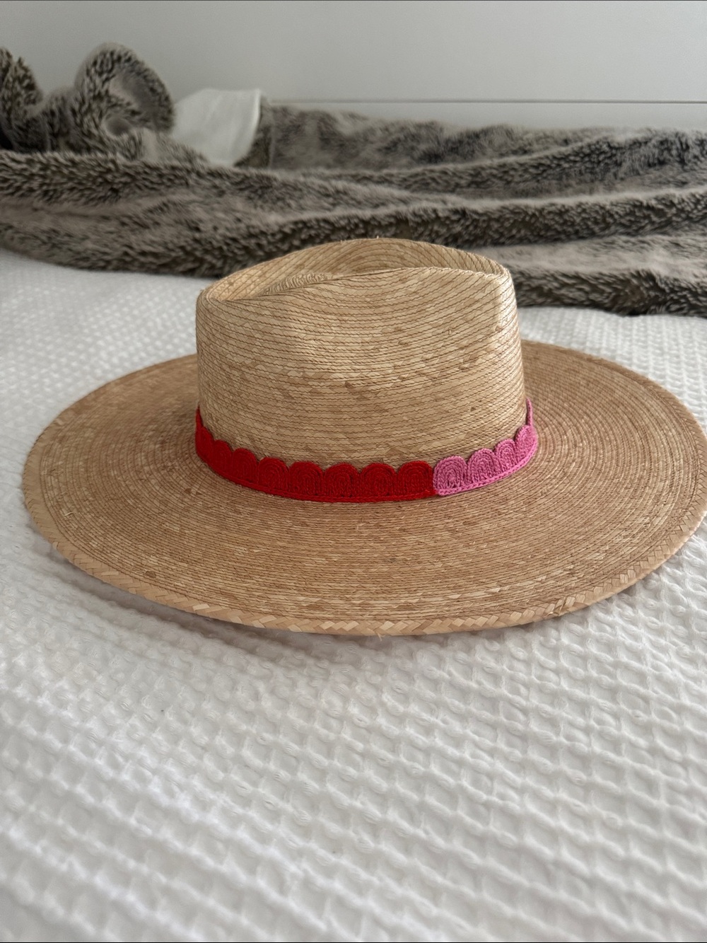 Natural Straw Sun Hat with Red and Pink Scalloped Band